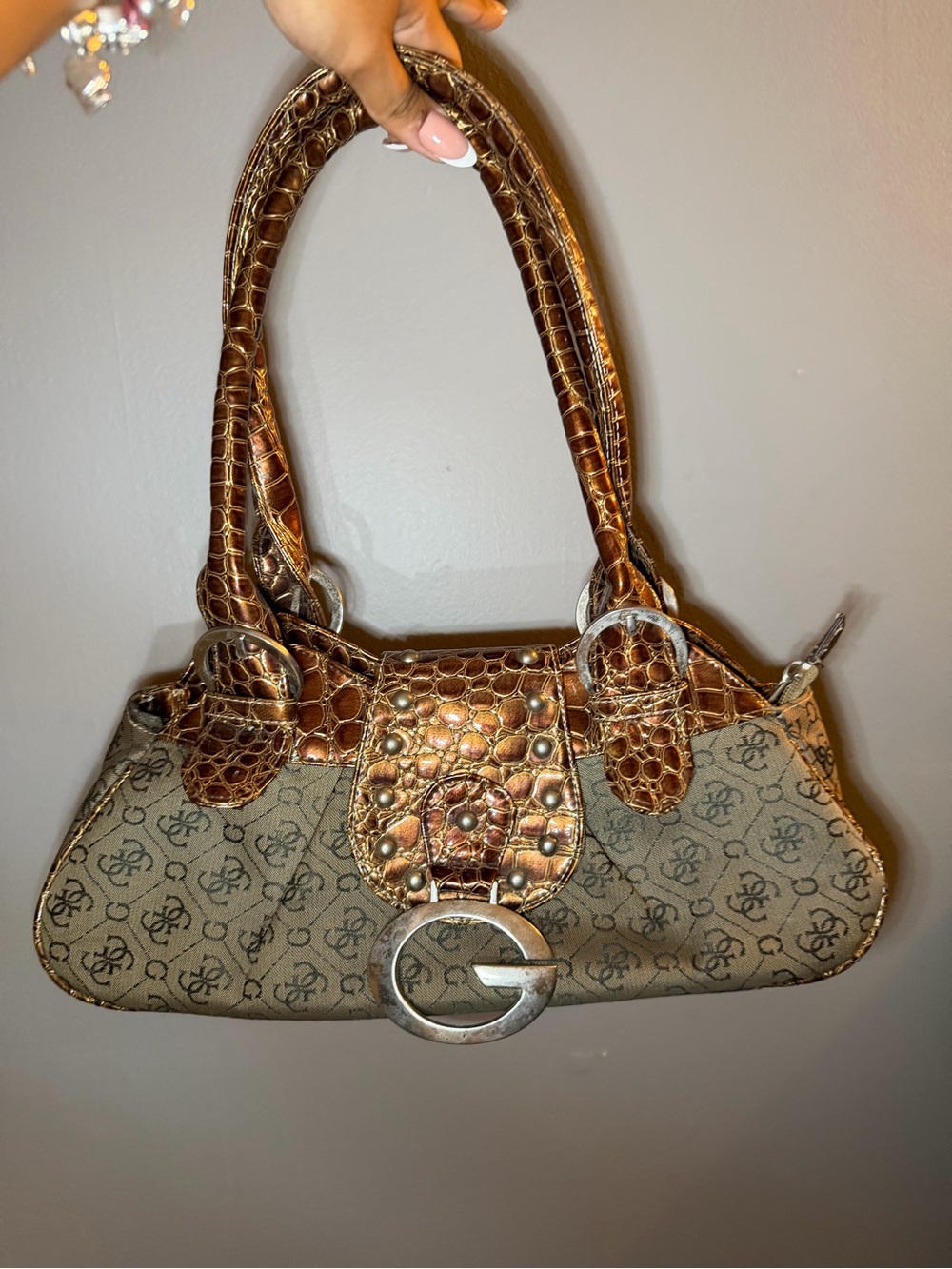 Guess Brown Monogram Shoulder Bag with Croc-Effect Trim